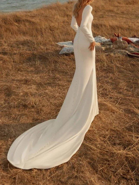 Mermaid / Trumpet Wedding Dresses Off Shoulder Court Train Chiffon Over Satin Long Sleeve Country Plus Size with Buttons - RongMoon