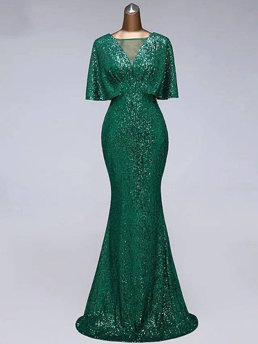 Mermaid / Trumpet Sparkle Elegant Prom Formal Evening Dress Illusion Neck Half Sleeve Floor Length Sequined with Sequin Ruffles - RongMoon