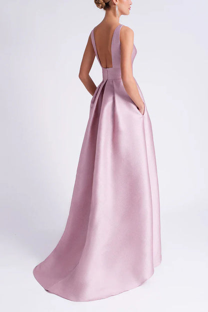 Satin A-shaped circular sleeveless floral pocket height mother of the bride dresses