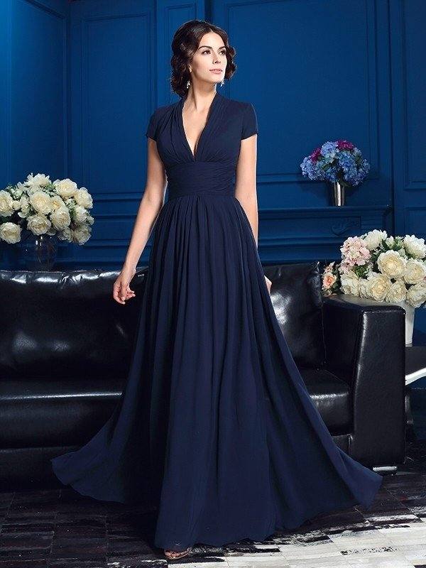 A-Line/Princess V-neck Applique Short Sleeves Long Chiffon Mother of the Bride Dresses - RongMoon