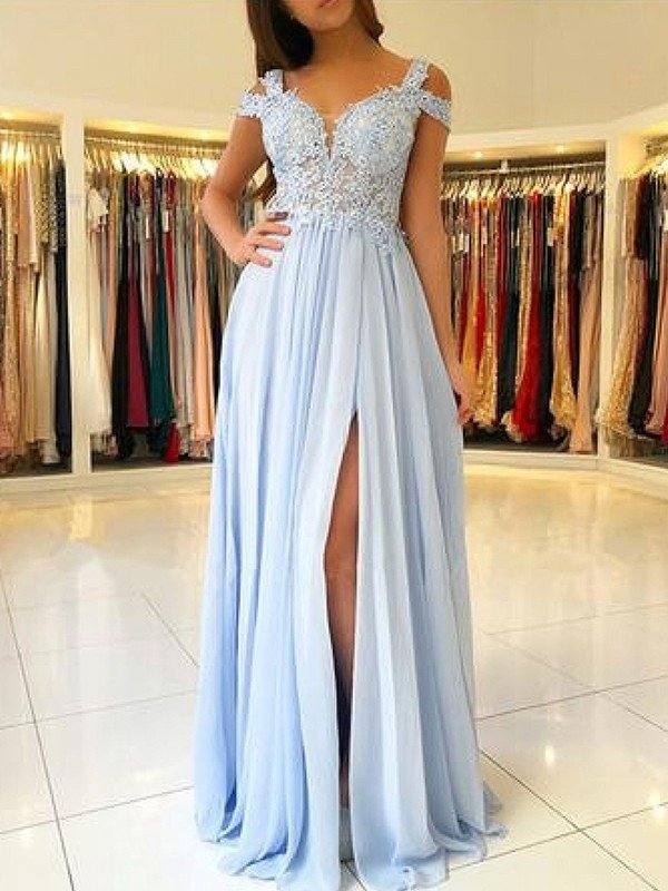 A-Line/Princess Sleeveless Off-the-Shoulder Floor-Length Applique Chiffon Dresses - RongMoon