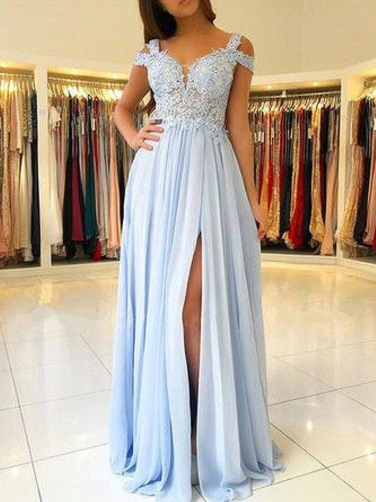 A-Line/Princess Sleeveless Off-the-Shoulder Floor-Length Applique Chiffon Dresses - RongMoon
