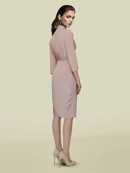 Mother of the Bride Dress Elegant V Neck Knee Length Charmeuse Length Sleeve with Sash Ribbon Pleats