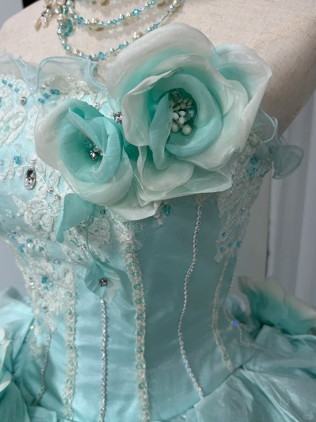 Mint Green Gorgeous Beaded Long Satin Tulle Ball Gown Evening Dress gh4827