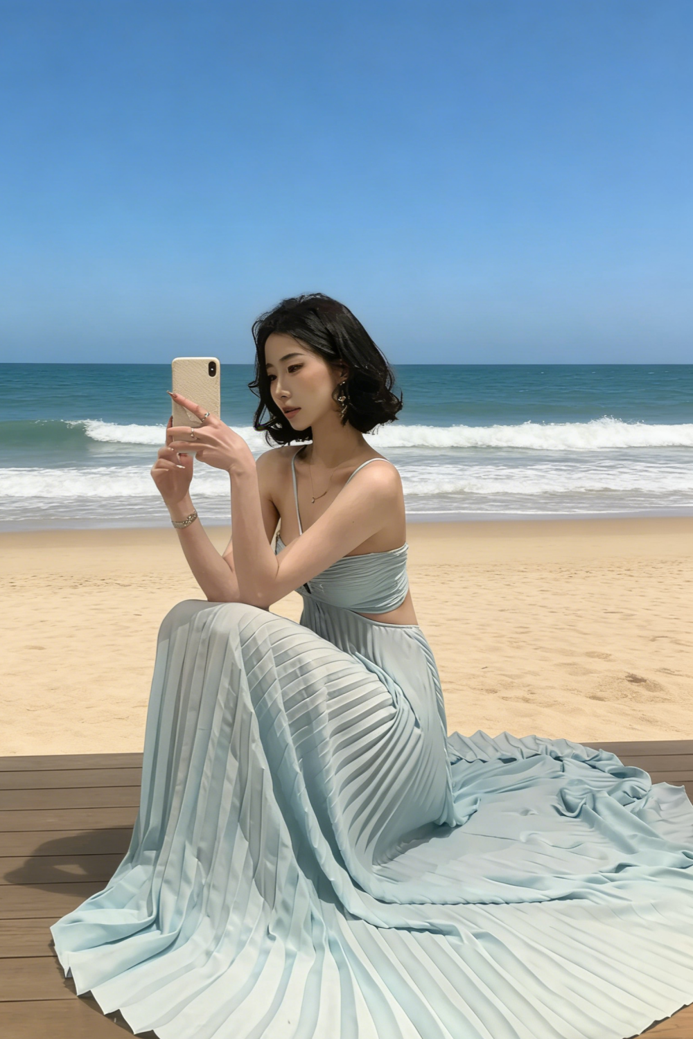 Sheer & Cutout Light Blue Pleated Gown - Cutout Spaghetti Strap Elegant Floor-Length Dress gh6980