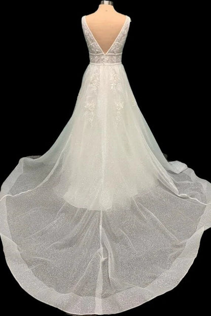Boho Applique A-Line V-Neck Long Wedding Dress with V-Back