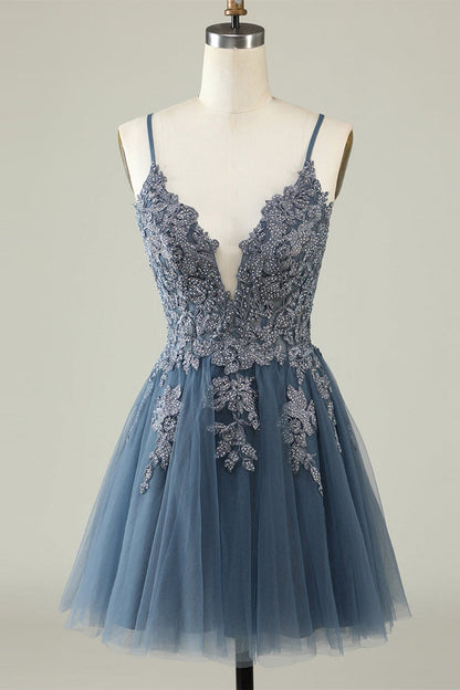 Dusty Blue Tulle V-Neck Lace-Up A-Line Homecoming Dress