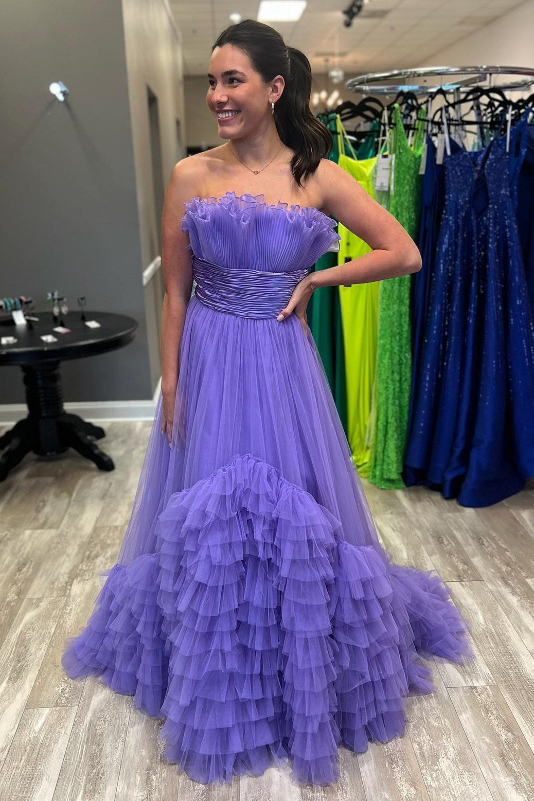 White Organza Strapless Belted A-Line Tiered Prom Dress with Ruffles