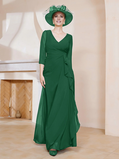 3/4 long sleeved V-neck pleated long mother of the bride dress