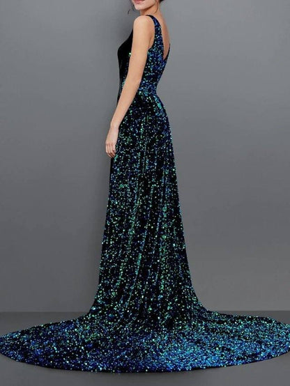 A-Line Sparkle Sexy Engagement Formal Evening Dress V Neck Sleeveless Chapel Train Sequined Velvet with Pleats Sequin - RongMoon