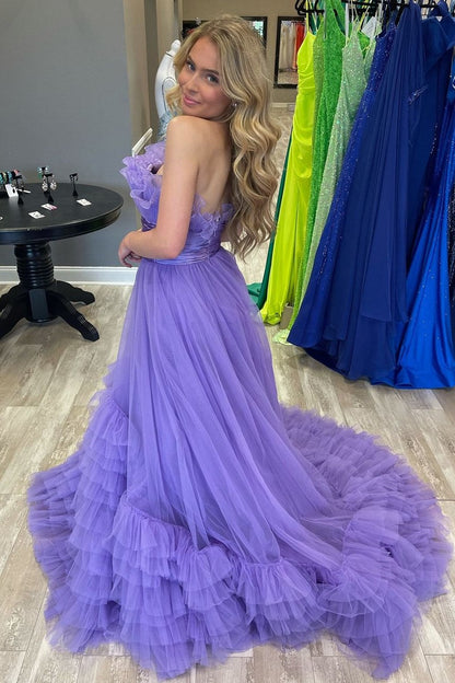White Organza Strapless Belted A-Line Tiered Prom Dress with Ruffles