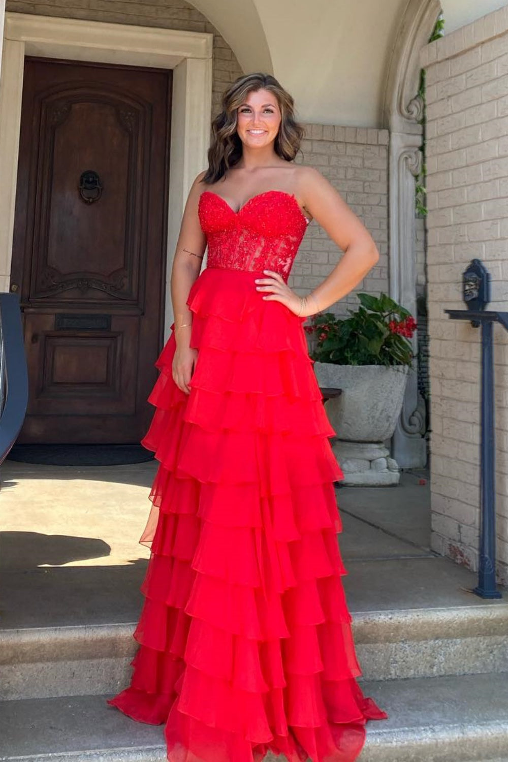 Elegant Ruffle Long Prom Dresses A Line High Slit Dress Outfit