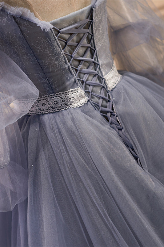 Dusky Purple Tulle Lace Cold-Shoulder Ball Gown with Flouncy Sleeves