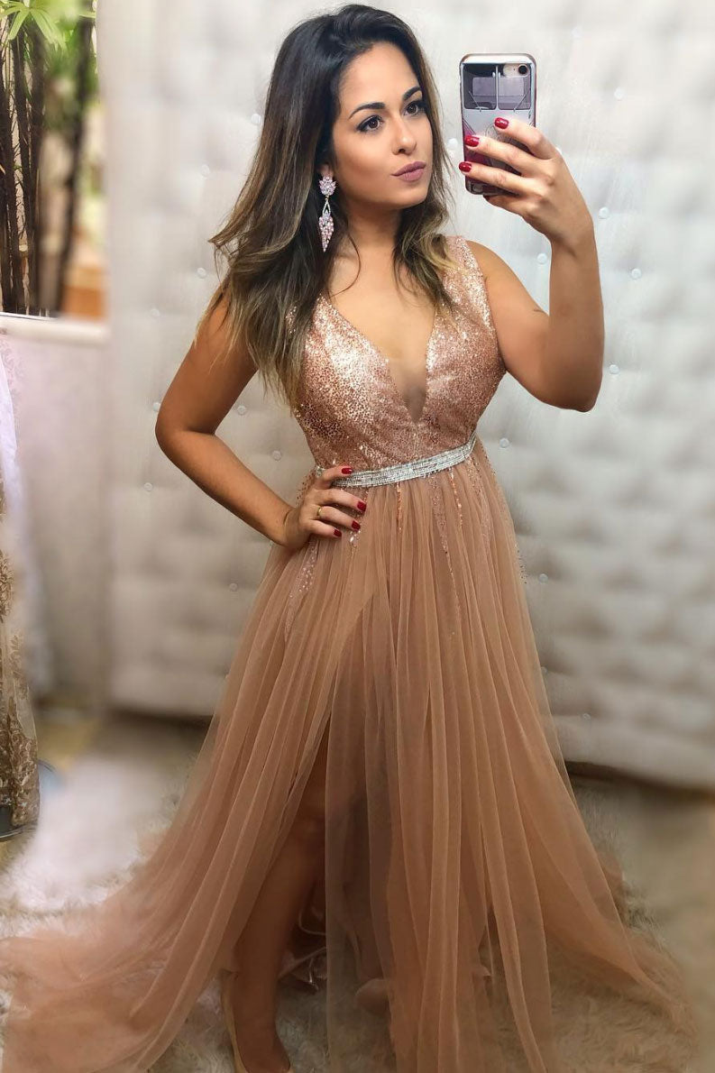 Champagne v neck tulle sequin long prom dress champagne evening dress