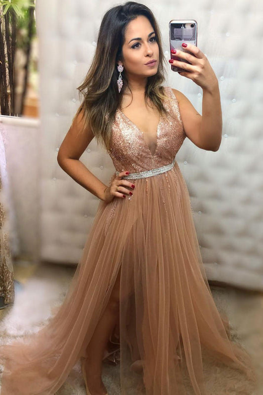 Champagne v neck tulle sequin long prom dress champagne evening dress