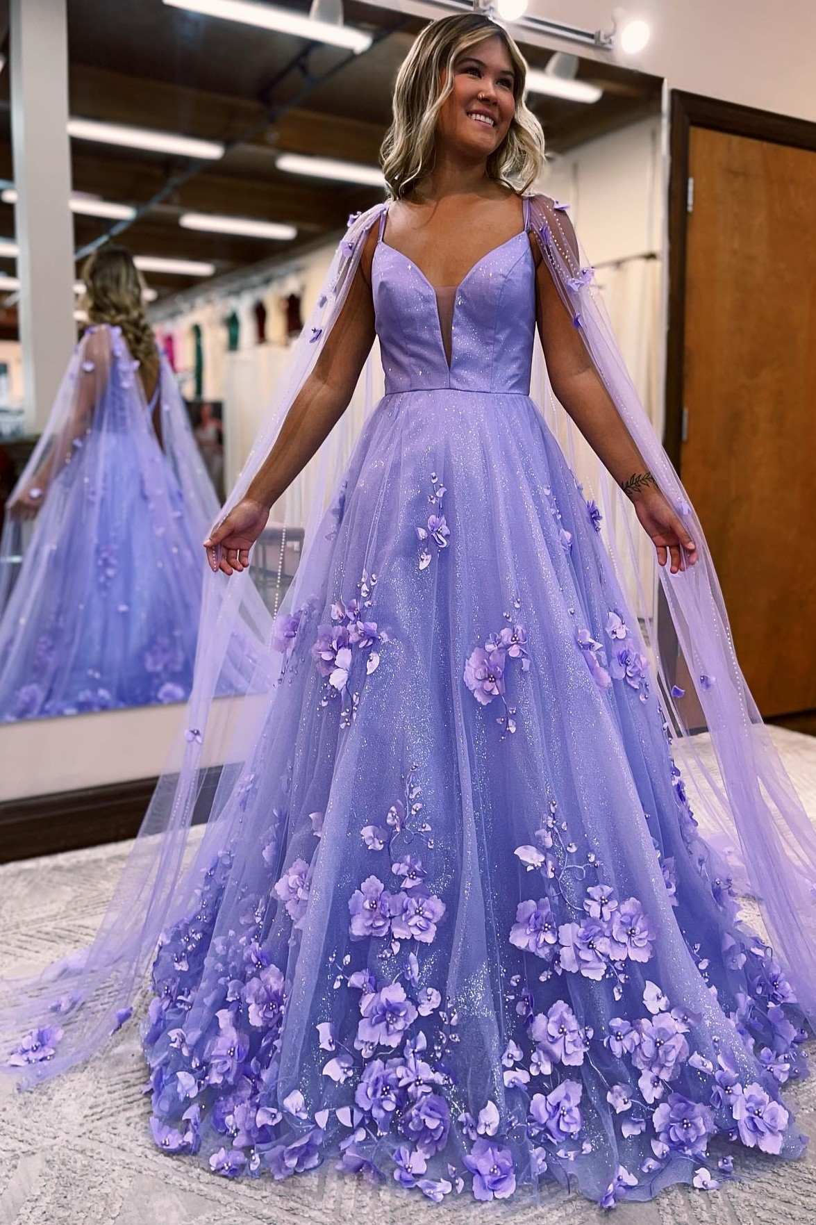 Lavender 3D Floral Lace A-Line Prom Dress with Cape Sleeves