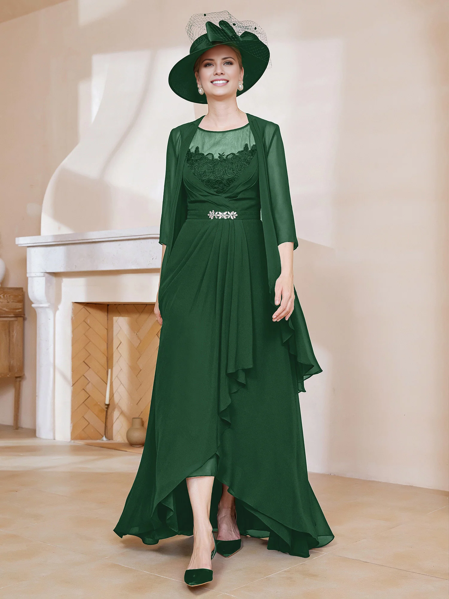 Illusionary collar ruffled dress paired with jacket mother of the bride dress