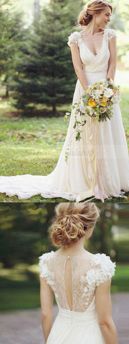 Chiffon Garden A-line Wedding Dresses V-Neck Ruched with Handmade Flowers Beach Bridal Gowns