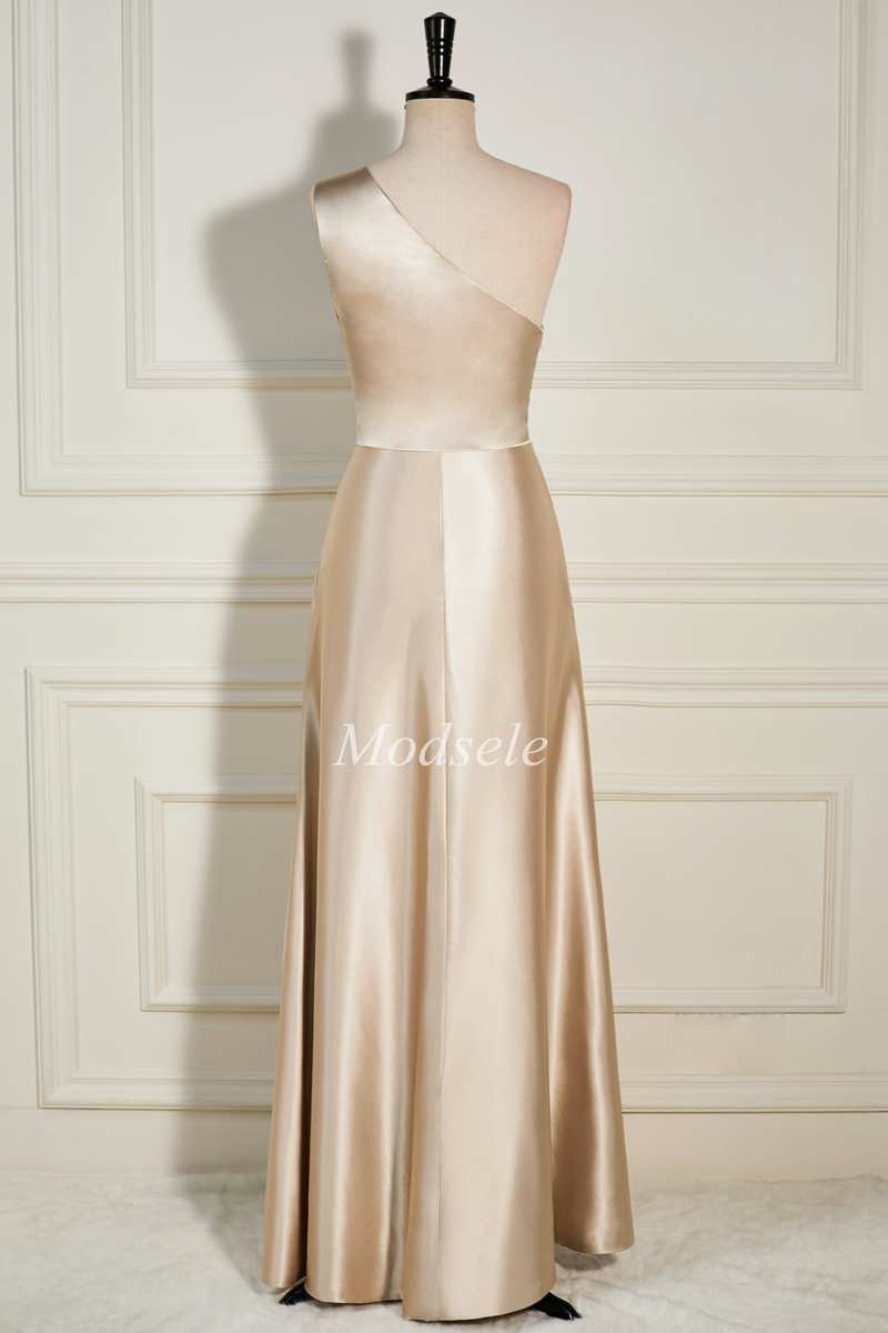 Champagne One-Shoulder A-Line Long Dress