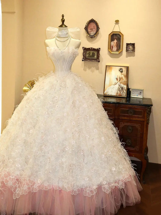 girlhomeshops-Dreamy Princess Style White Tulle Pink - Lined 3D Floral Strapless Floor - Length Wedding Dress gh5881