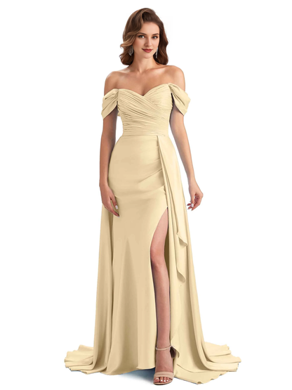 Sexy side slit mermaid soft satin off shoulder long unique bridesmaid dress