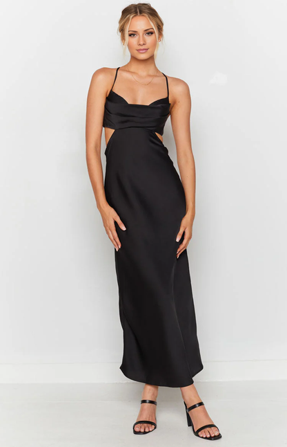 Jimiss collar neckline thin shoulder strap backless satin long Prom dress