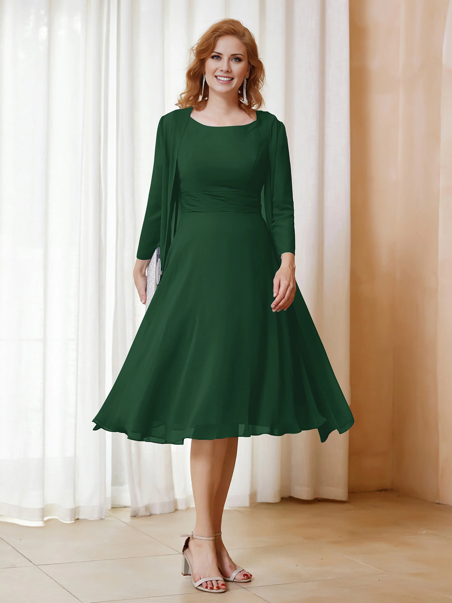 Folded chiffon dress paired with jacket mother of the bride dress