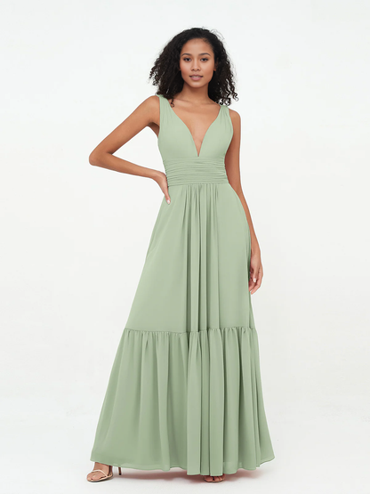 Deep V-neck chiffon layered skirt Bohemian style dress