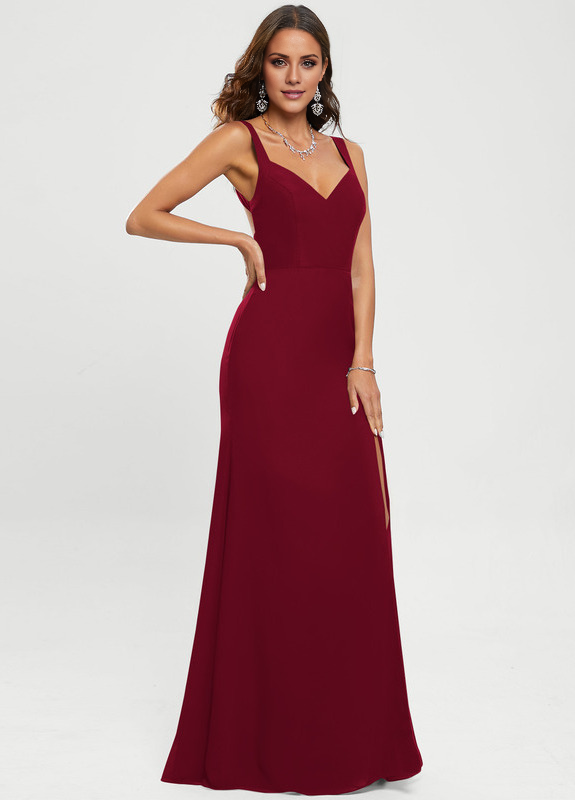 Tight straight V-neck floor-length chiffon prom dress