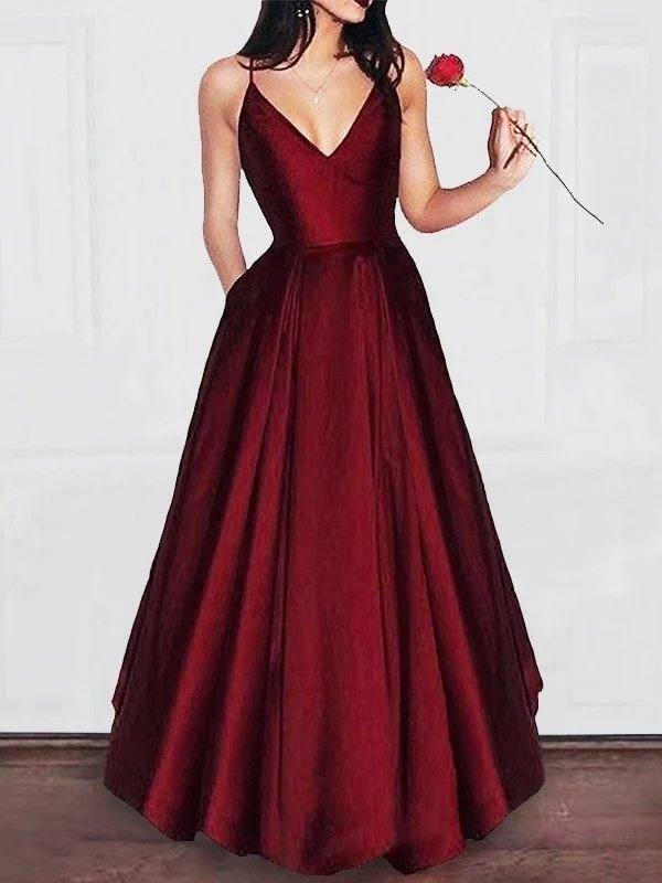 A-Line/Princess V-neck Floor-Length Ruffles Satin Dresses - RongMoon