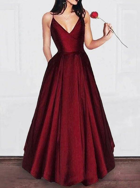 A-Line/Princess V-neck Floor-Length Ruffles Satin Dresses - RongMoon