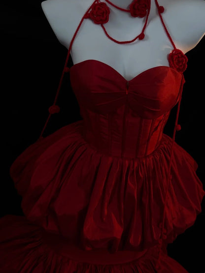 Dark Romantic Style Scarlet Rose Tiered Strapless Gown - Dinner & Gothic Theme Ball Dress gh6560