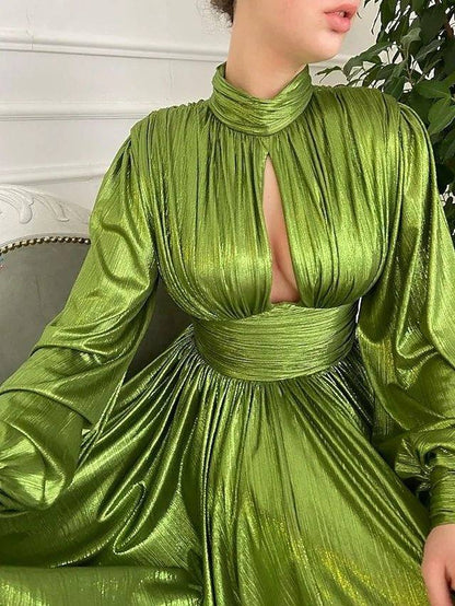 A-Line Empire Elegant Party Wear Formal Evening Dress High Neck Long Sleeve Court Train Taffeta with Pleats Split - RongMoon