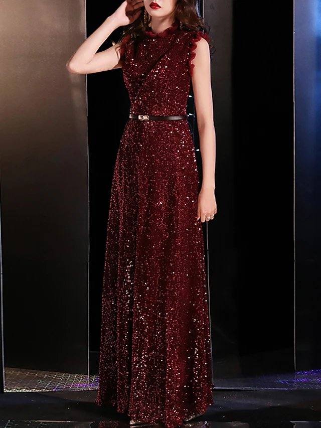 A-Line Sparkle Elegant Prom Formal Evening Dress Jewel Neck Sleeveless Floor Length Sequined with Sash / Ribbon Sequin - RongMoon