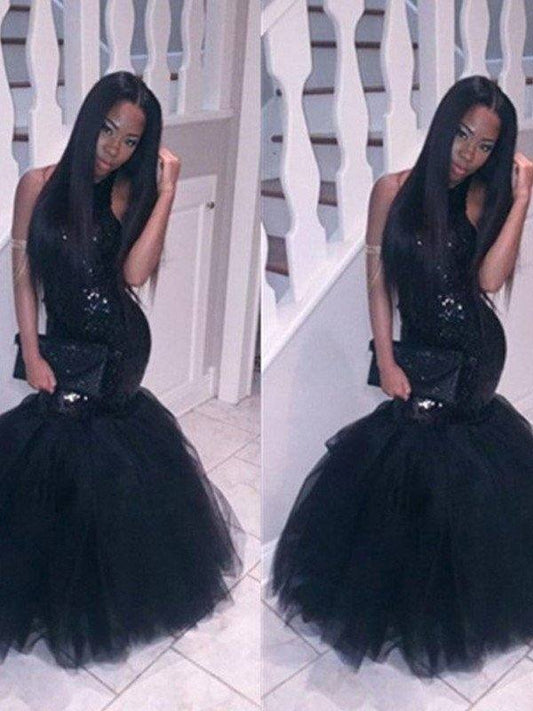 Trumpet/Mermaid Halter Sleeveless Floor-Length Sequin Tulle Dresses - RongMoon
