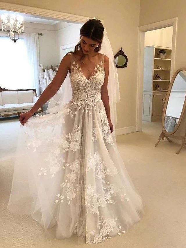 A-Line Wedding Dresses V Neck Court Train Lace Regular Straps Formal Casual Beach - RongMoon