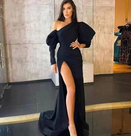 Black Evening Dresses Mermaid Long Sleeves Chiffon Slit Sexy Long Turkey Dubai Saudi Arabic Evening Gown Prom Dresses - RongMoon