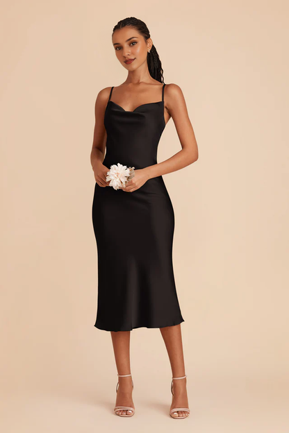 Fully lined pleated neckline mid length side zipper bridesmaid dress