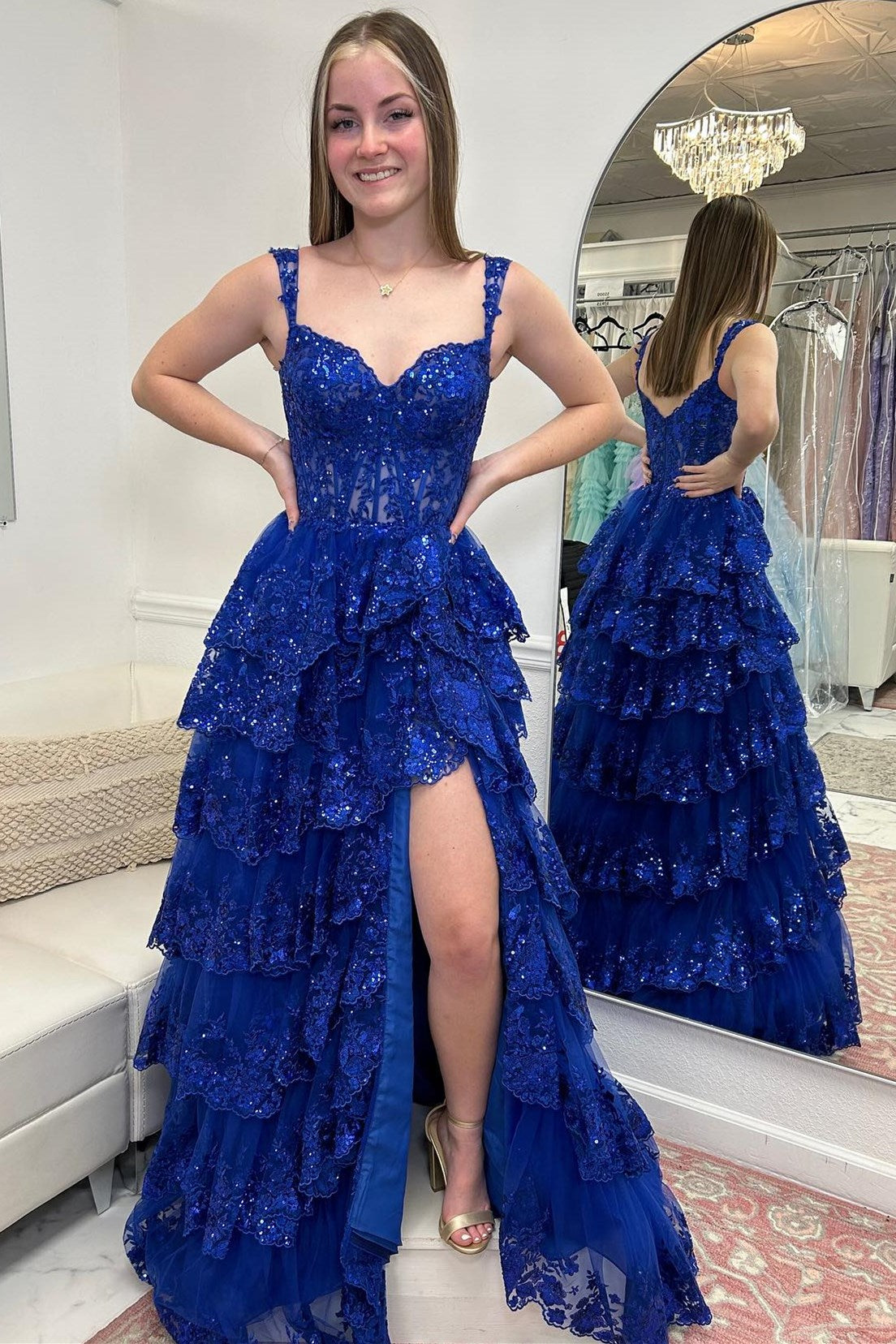 Fairytale Sequin-Embroidery Off-the-Shoulder Tiered Long Prom Dress with Slit