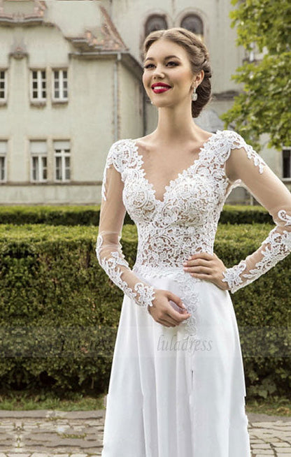 Lace Tulle A-line Wedding Dresses Crystals Lace Applique V Neck Count Train Elegant Bridal Gowns