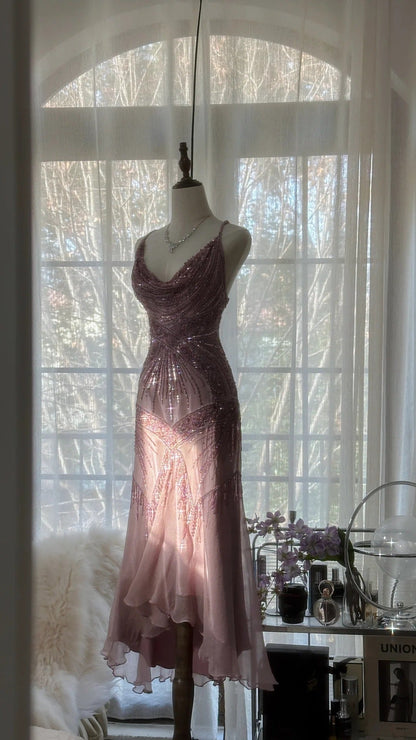 Pink  Romantic Fashion Elegant Exquisite Beaded Spaghetti Strap Long Tulle Chiffon Ruffle Ball Gown Evening Gown Party Dress gh4059
