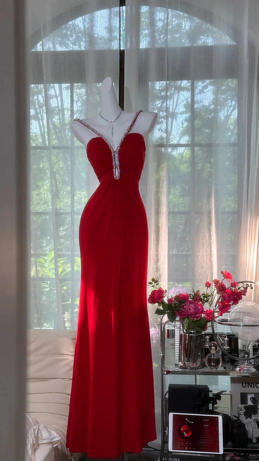 Retro Burgundy Sparkling Sequin Spaghetti Strap Romantic Sweetheart Evening Dress Prom Dresses HZ1024