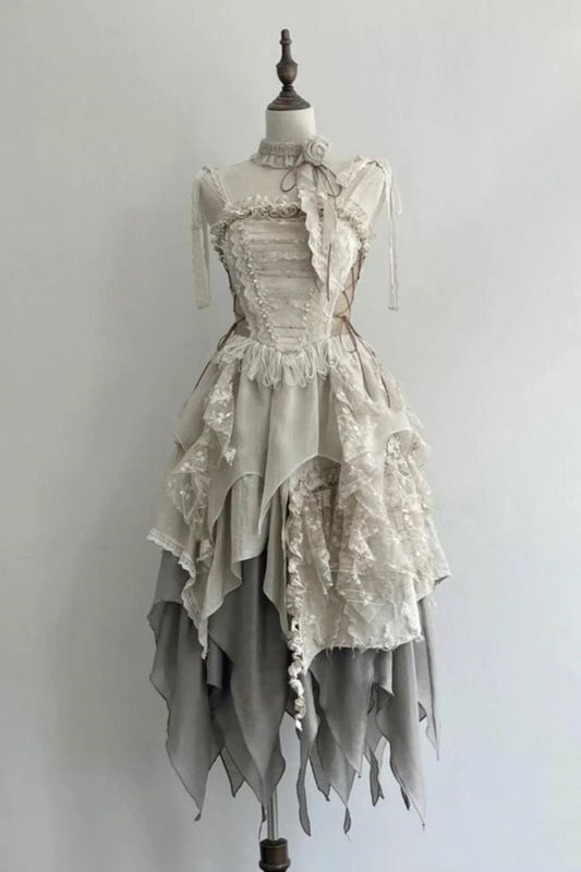 Gray-White Colorblock Lace Tiered Asymmetrical Gown gh6396