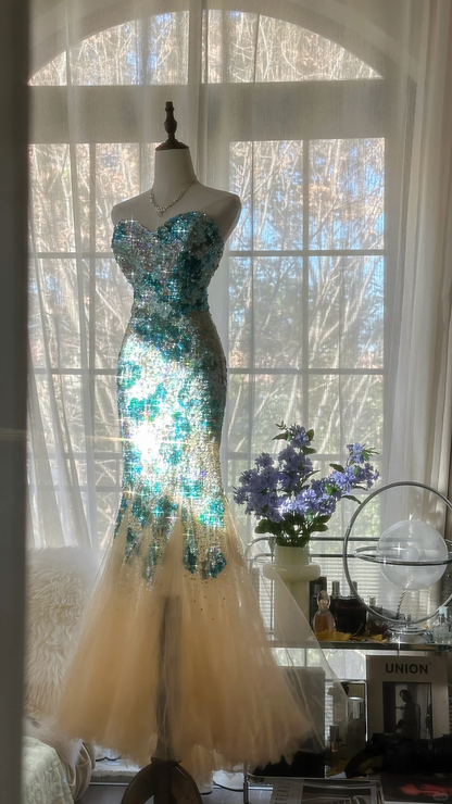 Gorgeous Mermaid Blue-green Sparkling Strapless Elegant Beaded Chiffon Evening Dress Prom Dress HZ1024