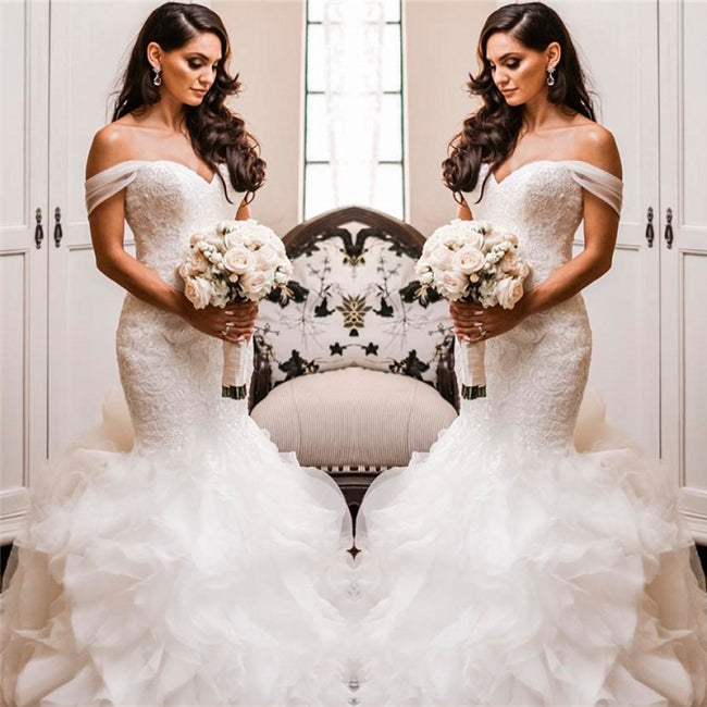 Off The Shoulder Puffy Ruffles Wedding Dresses | Sheath Tulle Sexy Lace Bridal Gowns