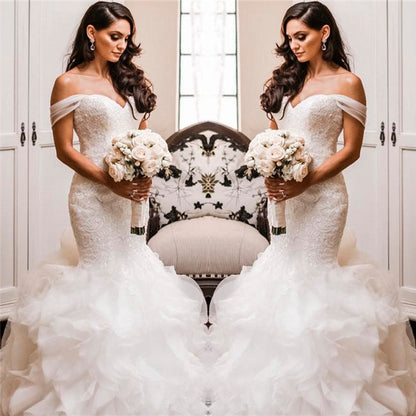 Off The Shoulder Puffy Ruffles Wedding Dresses | Sheath Tulle Sexy Lace Bridal Gowns