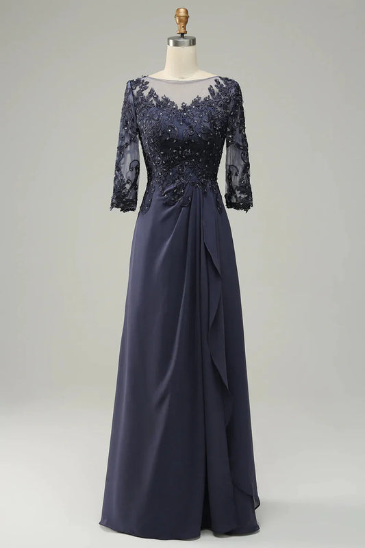Long sleeved blue decal bride mother dress