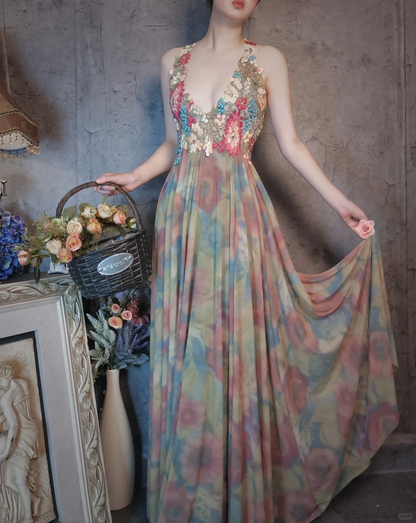 Vintage Floral Backless Design Elegant Chiffon Evening Dress Prom Dress HZ1024