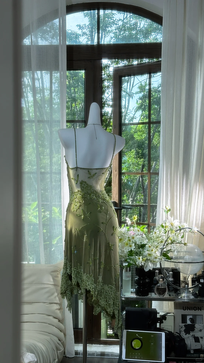 Retro Green Sequin Spaghetti Strap Romantic Sparkling Chiffon Evening Dress Prom Dresses HZ1024