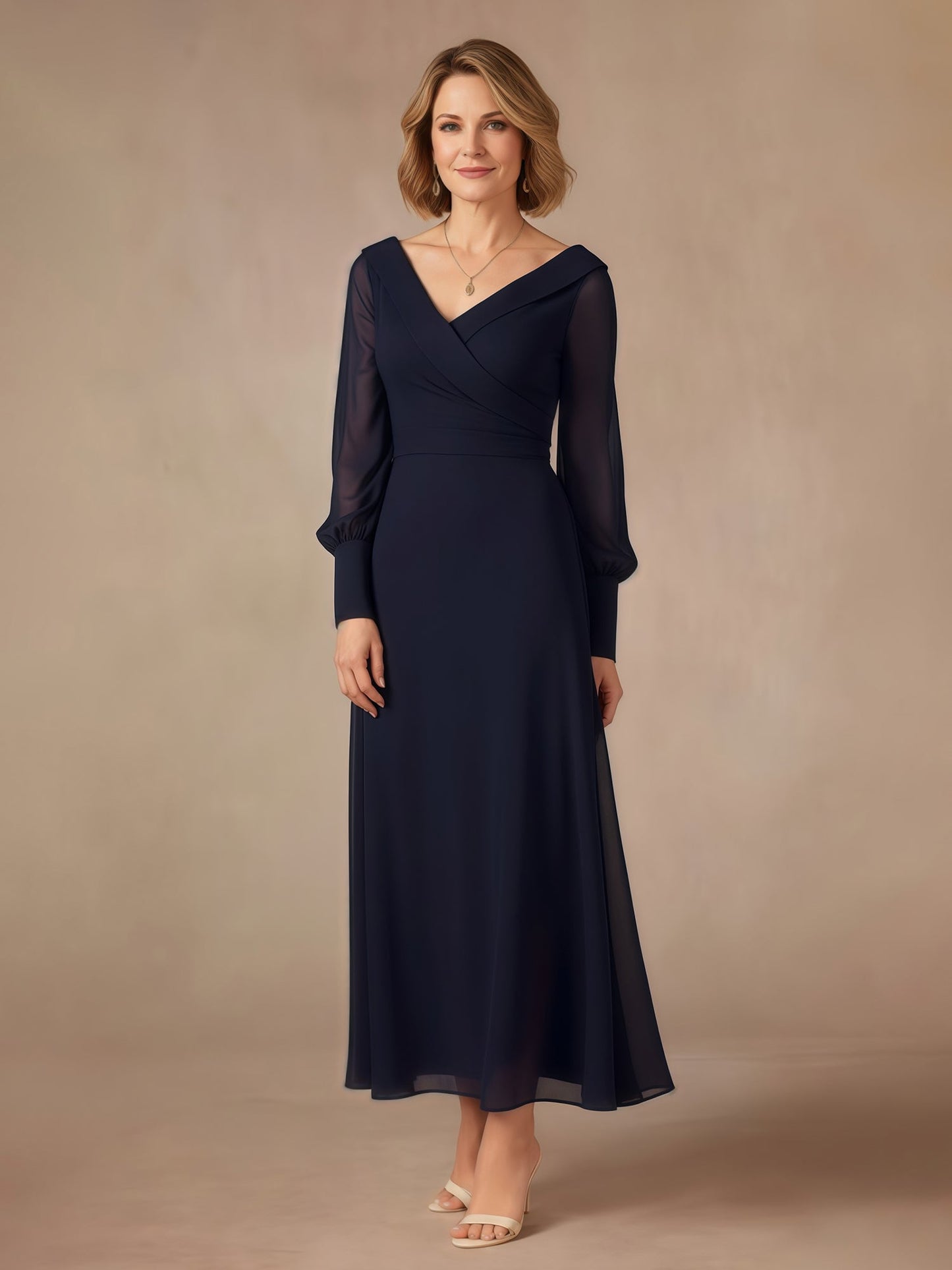 A-Line V-neck Long Sleeves Chiffon Dress Dark Navy